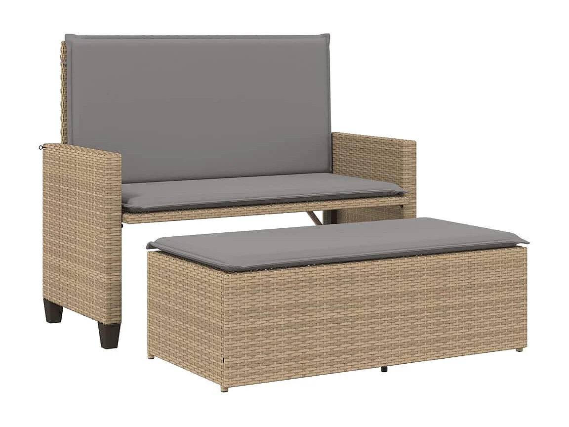 Banc de jardin et coussins et repose-pied beige résine tressée FR552687
