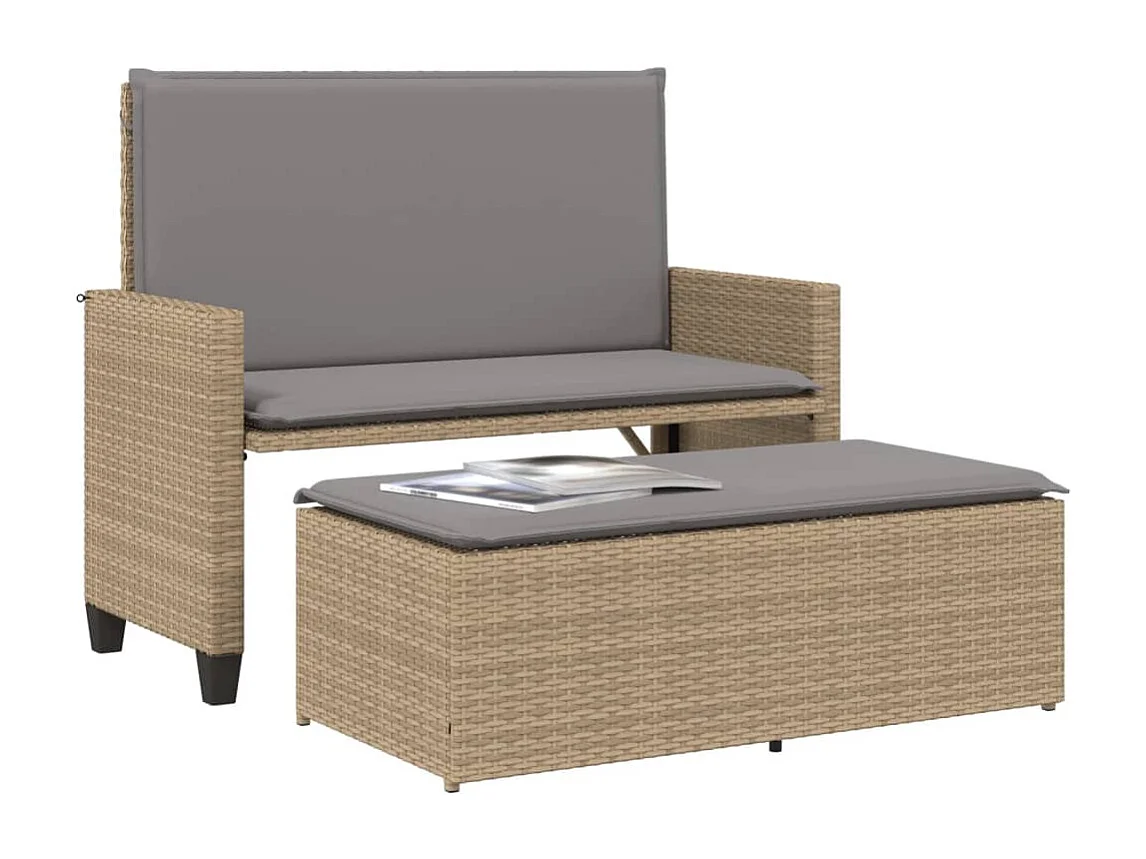 Banc de jardin et coussins et repose-pied beige résine tressée FR552687