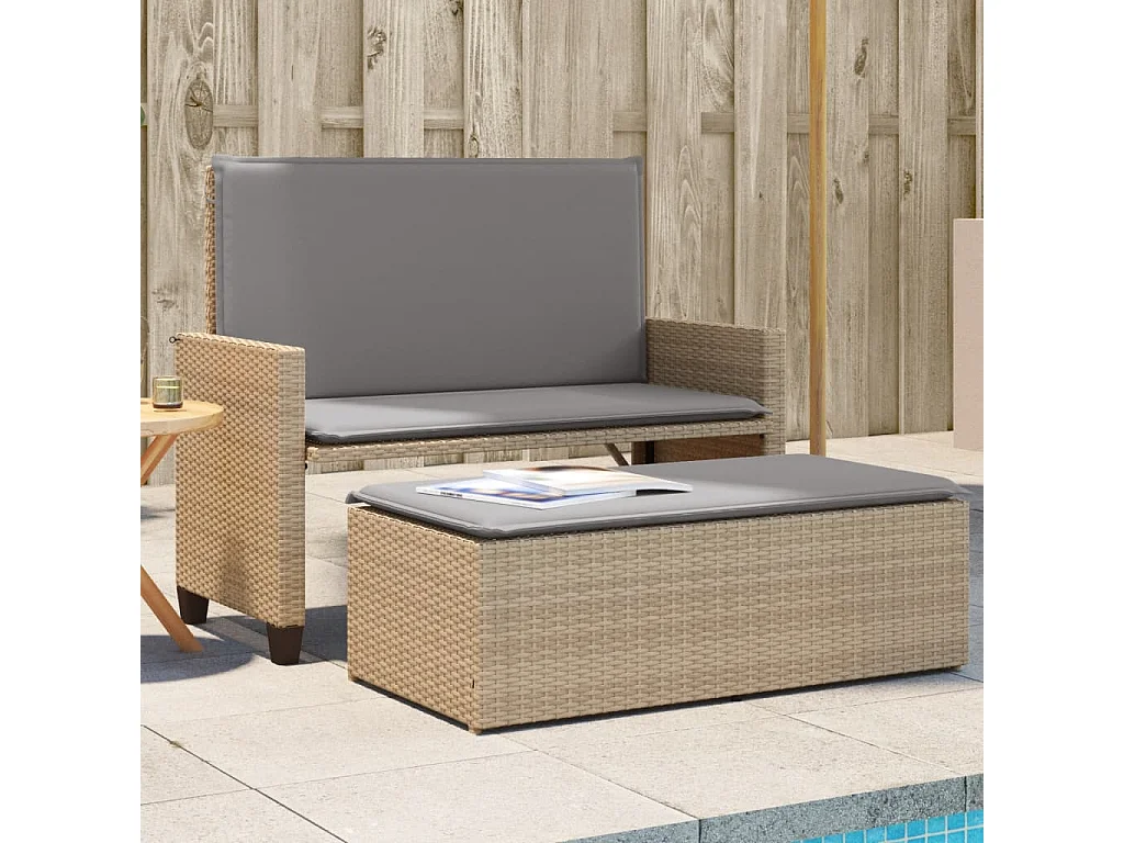 Banc de jardin et coussins et repose-pied beige résine tressée FR552687