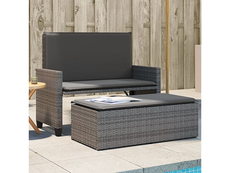 Banc de jardin avec coussins et repose-pied gris résine tressée FR178711