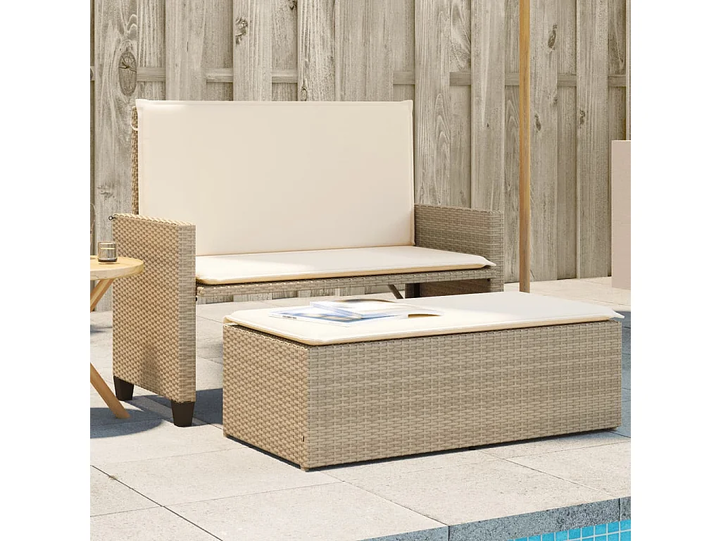 Banc de jardin et coussins et repose-pied beige résine tressée FR280358
