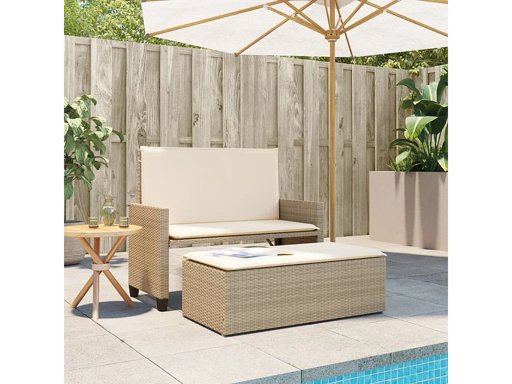 Banc de jardin et coussins et repose-pied beige résine tressée FR280358