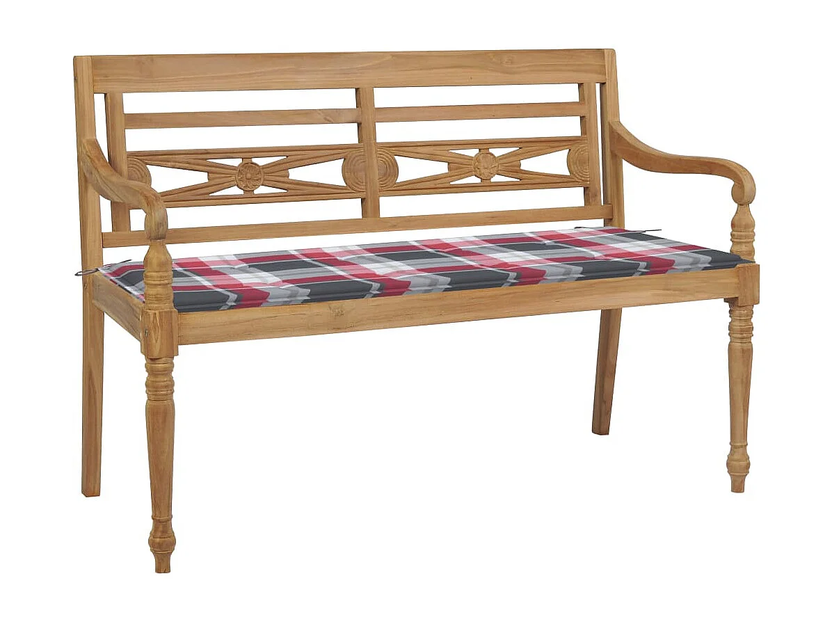 Banco Batávia c/ almofadão xadrez vermelho 120 cm teca maciça PT917487