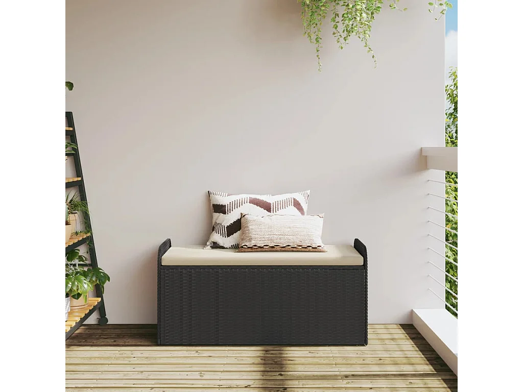 Banc de rangement avec coussin noir 115x51x52 cm résine tressée FR917854