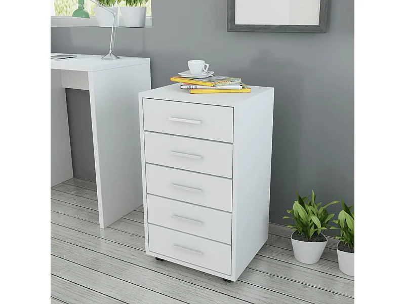 Caisson à tiroir de bureau avec roulettes et 5 tiroirs blanc FR367229