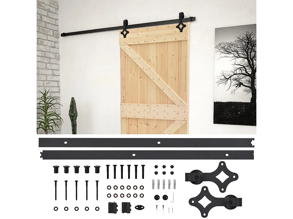 Porte coulissante et kit de quincaillerie 100x210 cm Pin massif FR843707