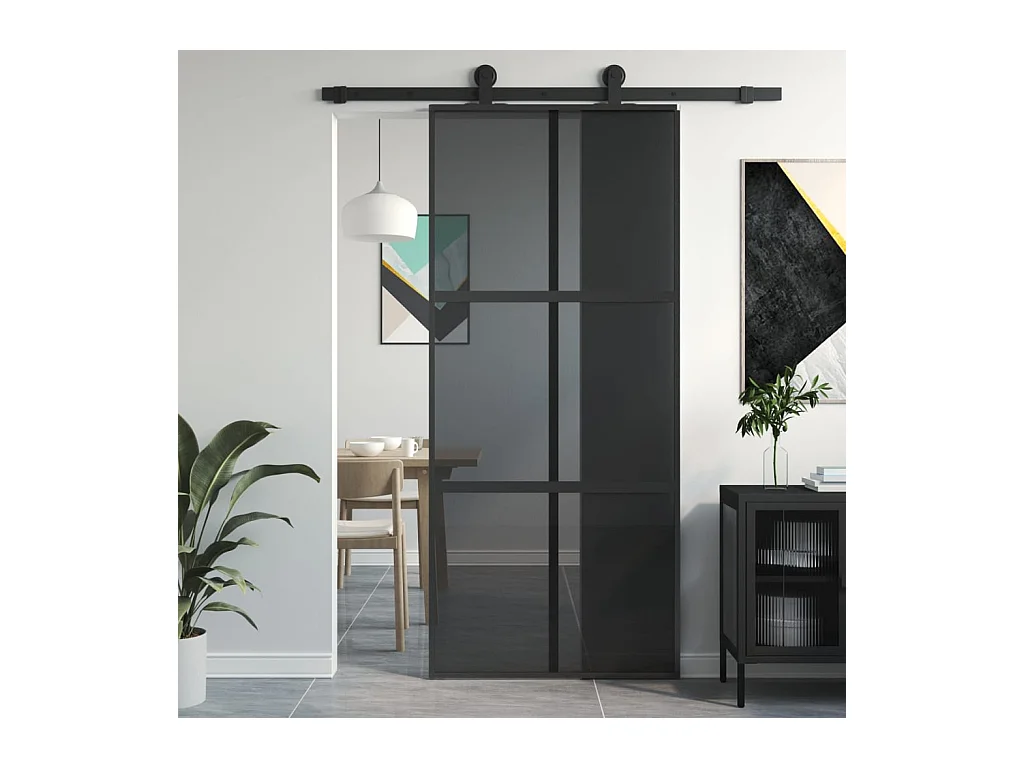 Porte coulissante noir 90x205 cm verre trempé aluminium FR161997