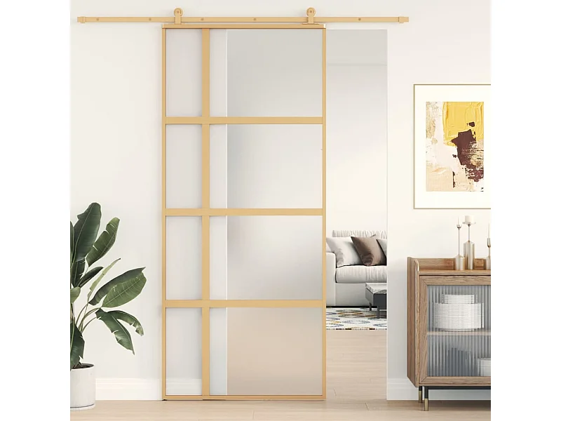 Porte coulissante doré 90x205 cm verre ESG dépoli et aluminium FR826655