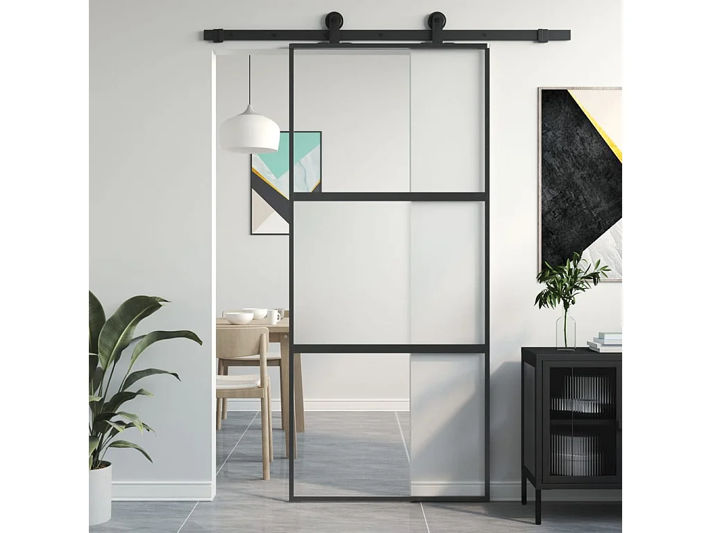 Porte coulissante noir 90x205 cm verre trempé aluminium FR360092