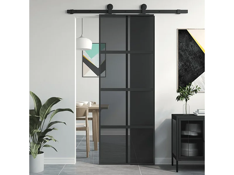 Puerta corredera vidrio templado y aluminio negra 76x205 cm ES948943