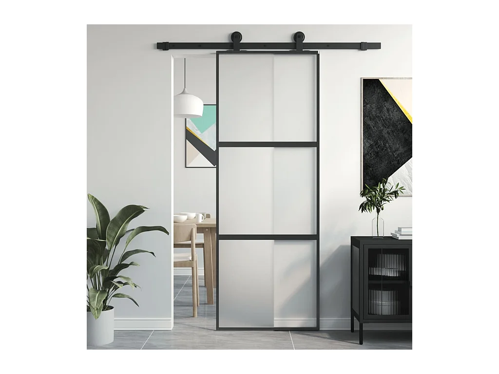 Porte coulissante noir 76x205 cm verre trempé aluminium FR390530