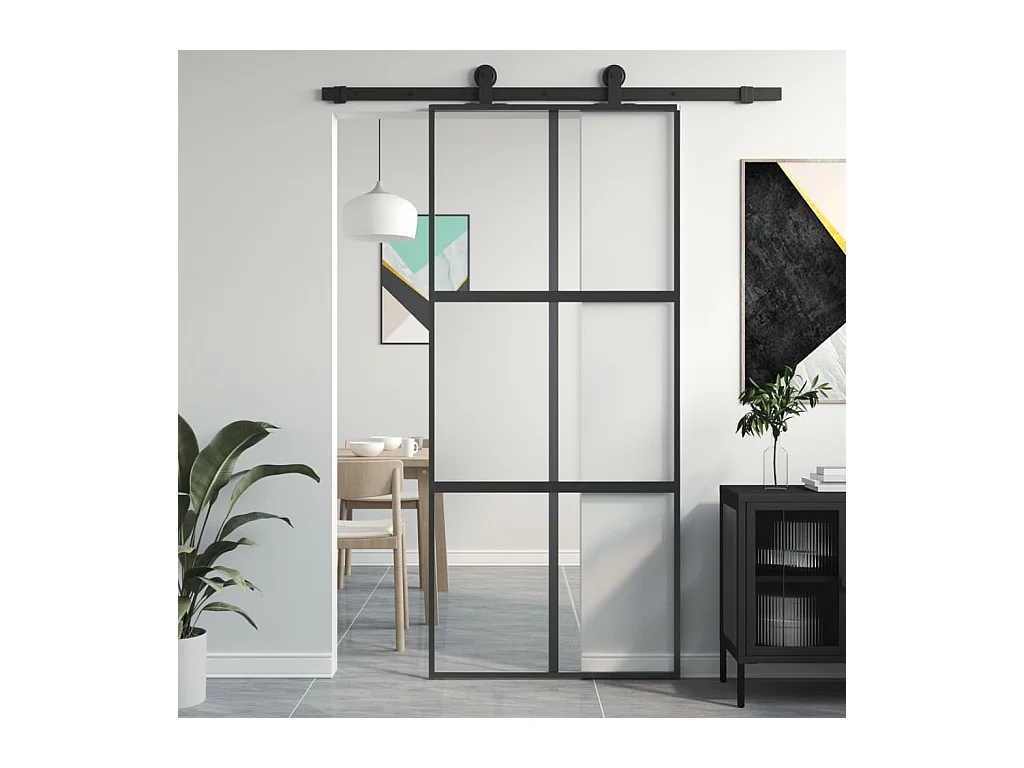 Porte coulissante noir 90x205 cm verre trempé aluminium FR359840