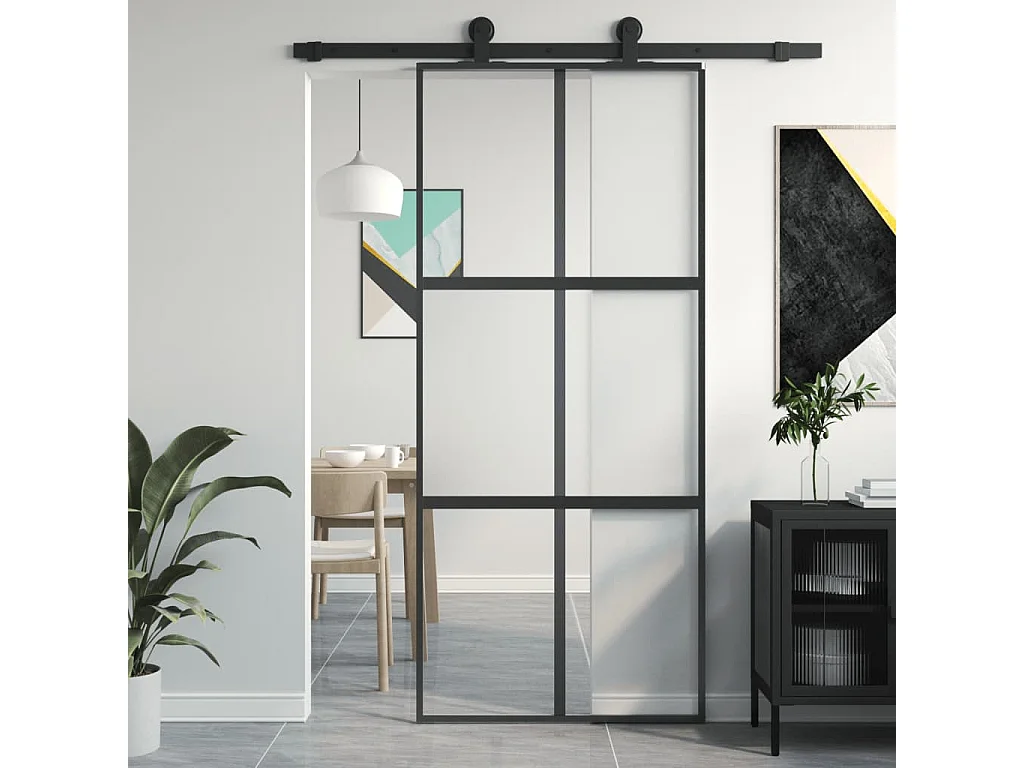 Porte coulissante noir 90x205 cm verre trempé aluminium FR359840