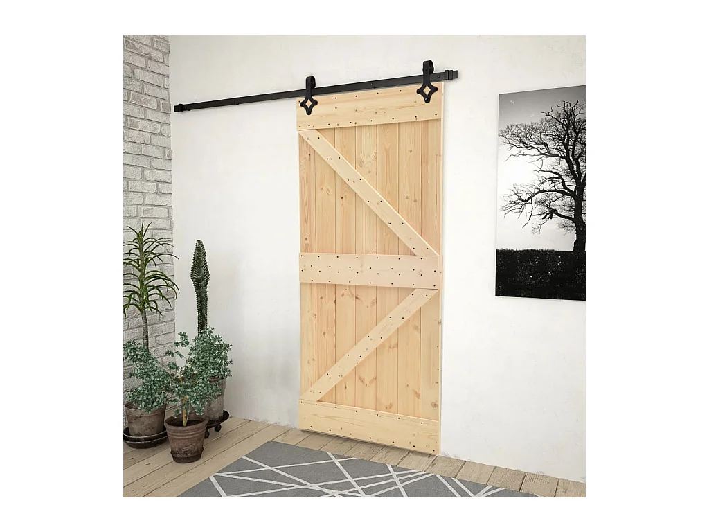Puerta corredera con herrajes madera maciza de pino 80x210 cm ES274196
