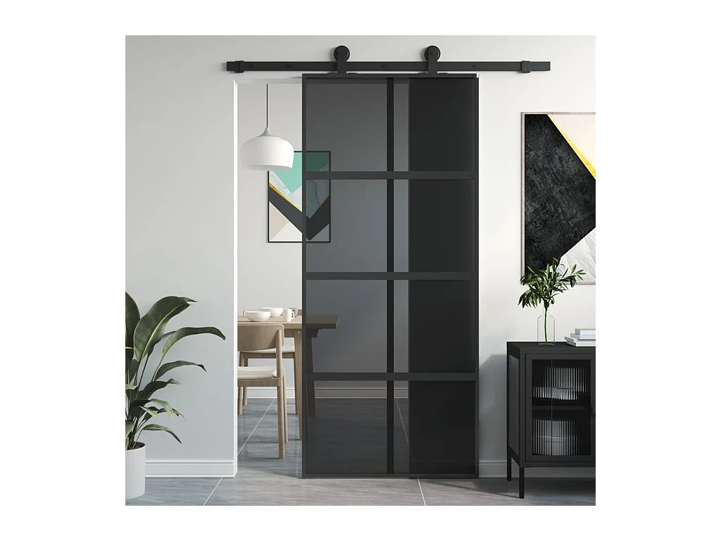 Porte coulissante noir 90x205 cm verre trempé aluminium FR772050