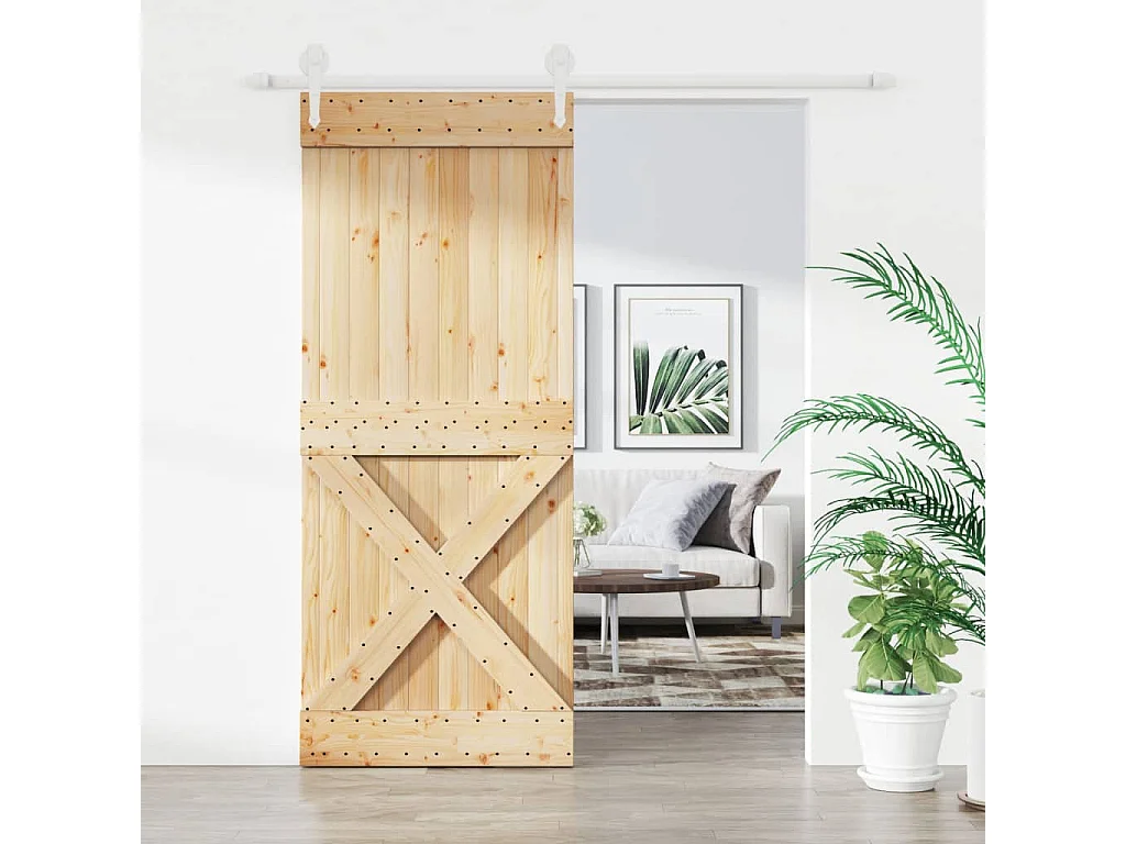 Porta de correr com ferragens 85x210 cm madeira de pinho maciça PT554917