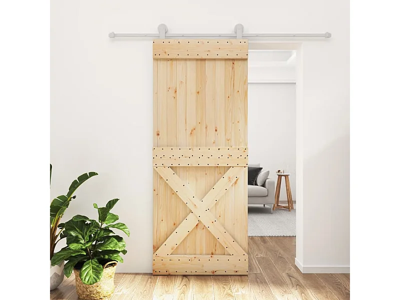 Porta de correr com ferragens 85x210 cm madeira de pinho maciça PT895426