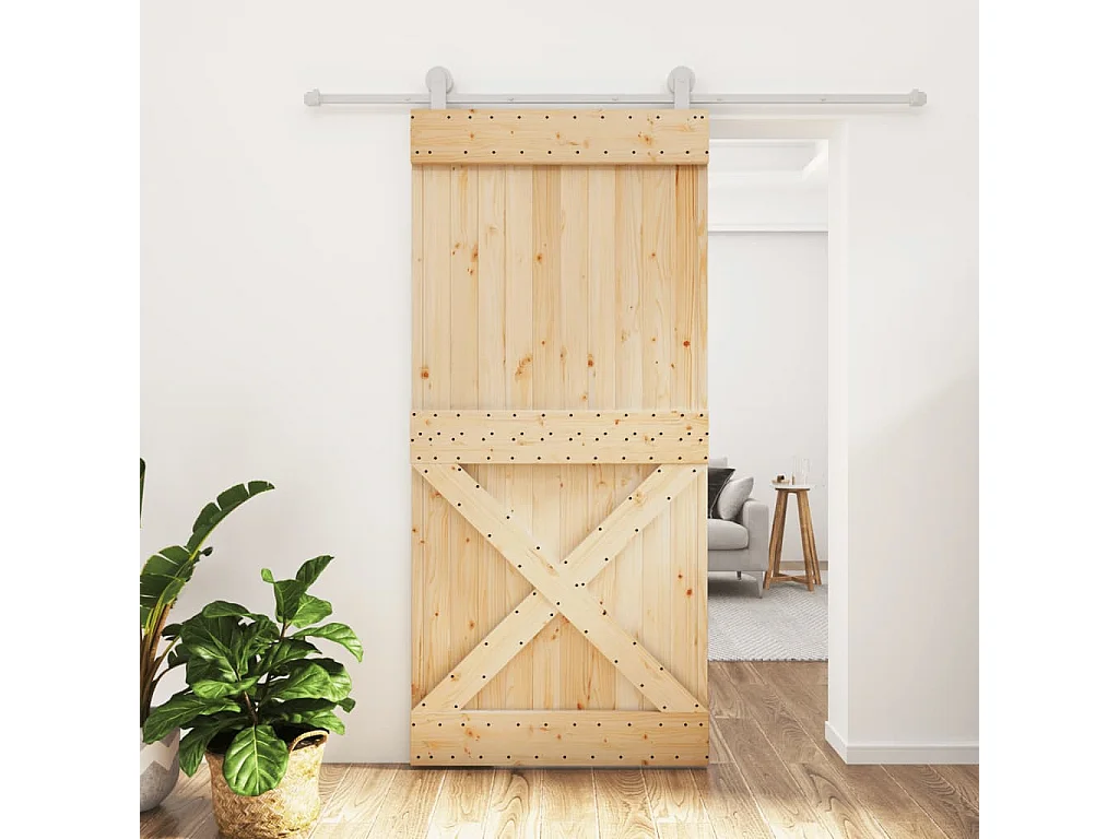 Puerta corredera con herrajes madera maciza de pino 95x210 cm ES525472