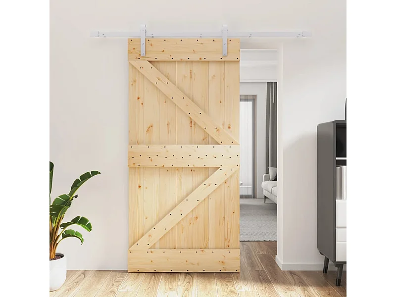 Porte coulissante et kit de quincaillerie 100x210 cm pin massif FR833380