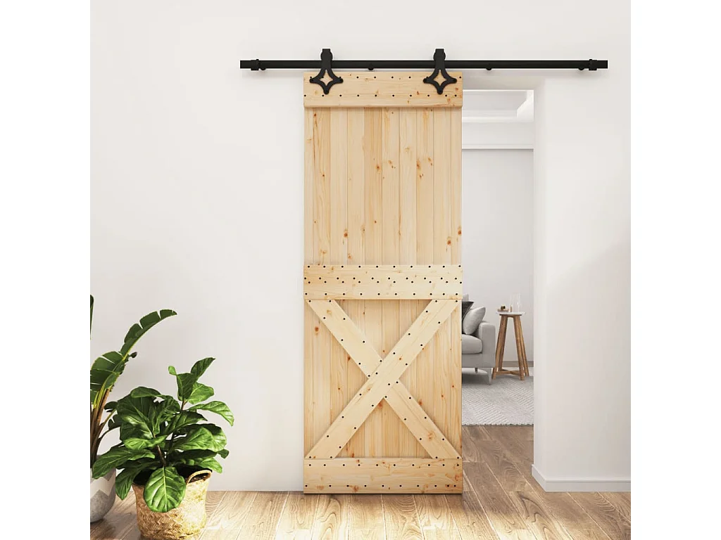 Puerta corredera con herrajes madera maciza de pino 80x210 cm ES975841