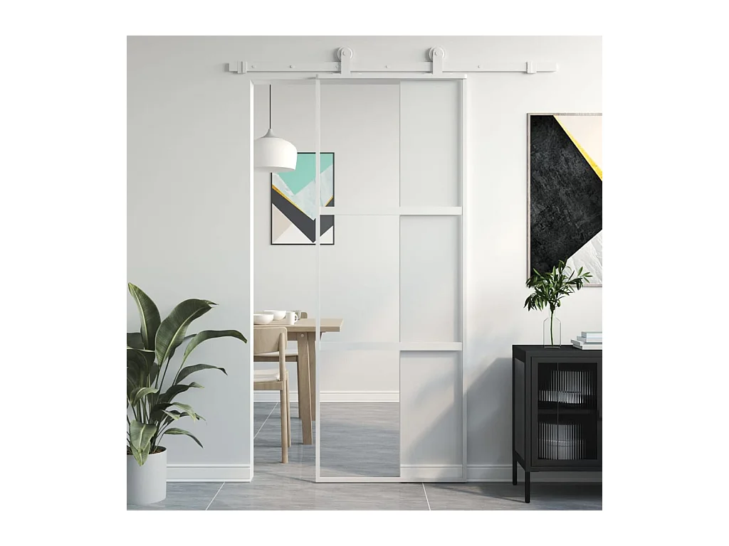 Porte coulissante blanc 76x205 cm verre trempé aluminium FR572322