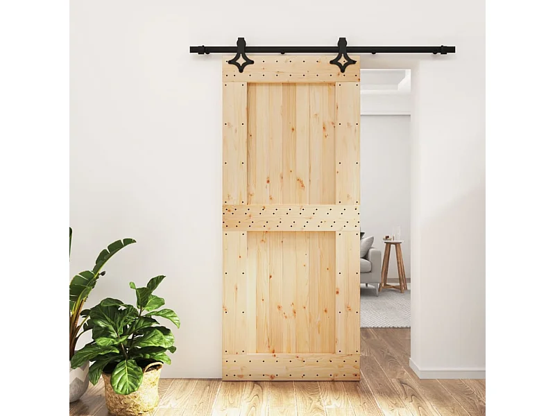 Porte coulissante et kit de quincaillerie 90x210 cm pin massif FR659174