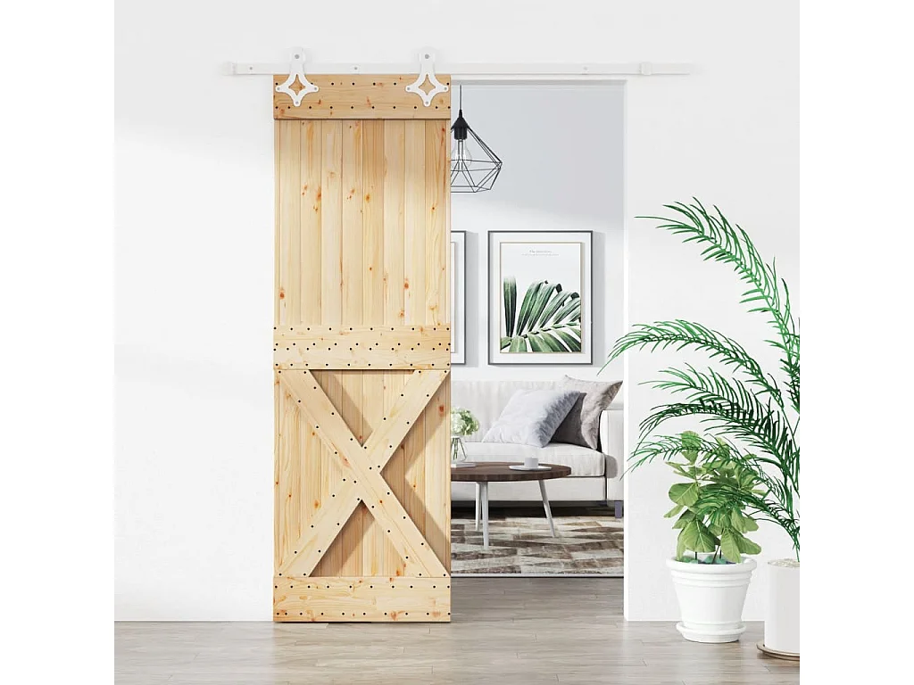 Puerta corredera con herrajes madera maciza de pino 70x210 cm ES767697