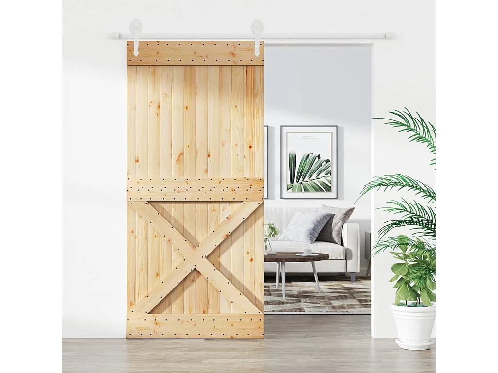 Puerta corredera con herrajes madera maciza de pino 95x210 cm ES695132