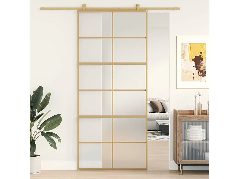 Porta deslizante 90x205 cm vidro ESG fosco/alumínio dourado PT478673