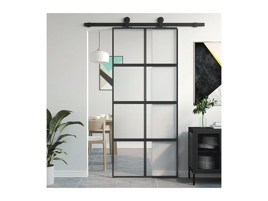 Porte coulissante noir 90x205 cm verre trempé aluminium FR732280