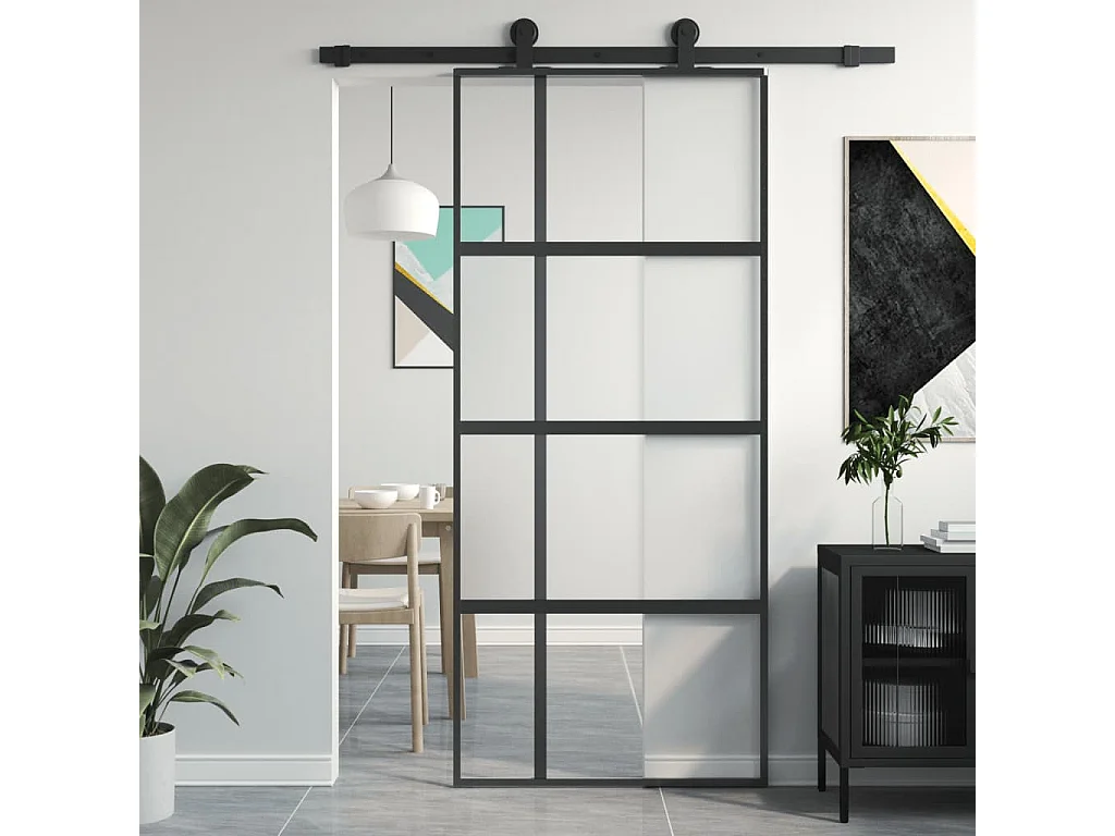 Porta deslizante 90x205 cm vidro temperado e alumínio preto PT667541