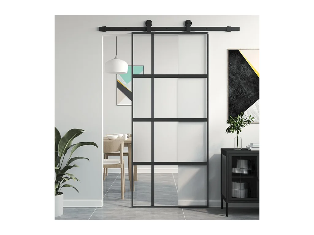 Porte coulissante noir 90x205 cm verre trempé aluminium FR640744