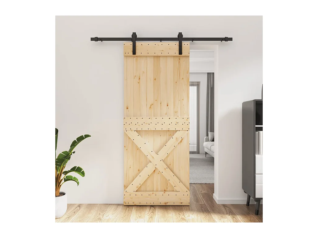 Porta de correr com ferragens 85x210 cm madeira de pinho maciça PT409017
