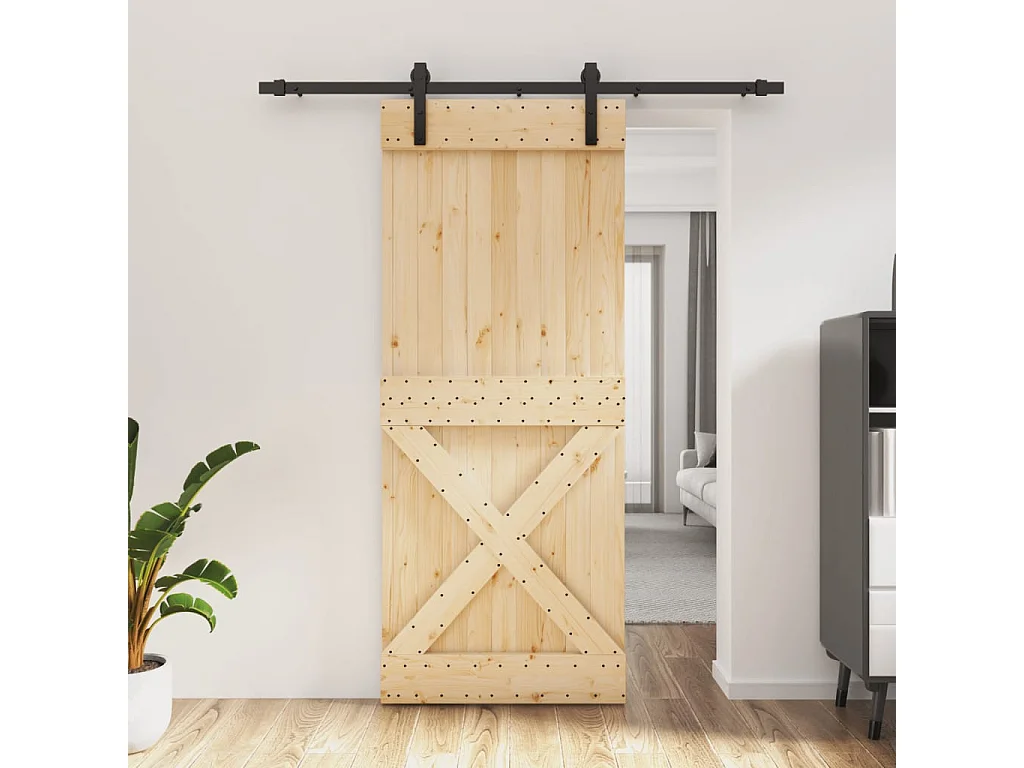 Porta de correr com ferragens 85x210 cm madeira de pinho maciça PT409017