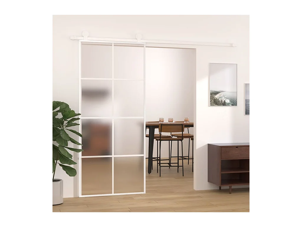 Porte coulissante Verre ESG dépoli et aluminium 90x205 cm Blanc FR266279