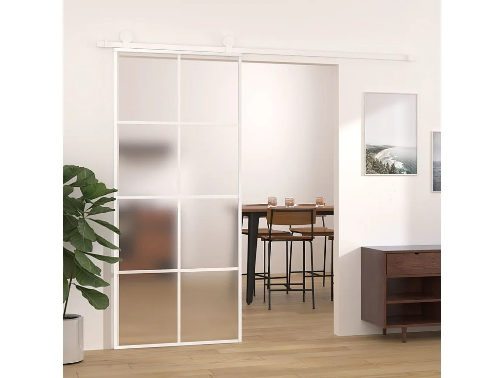 Porte coulissante Verre ESG dépoli et aluminium 90x205 cm Blanc FR266279
