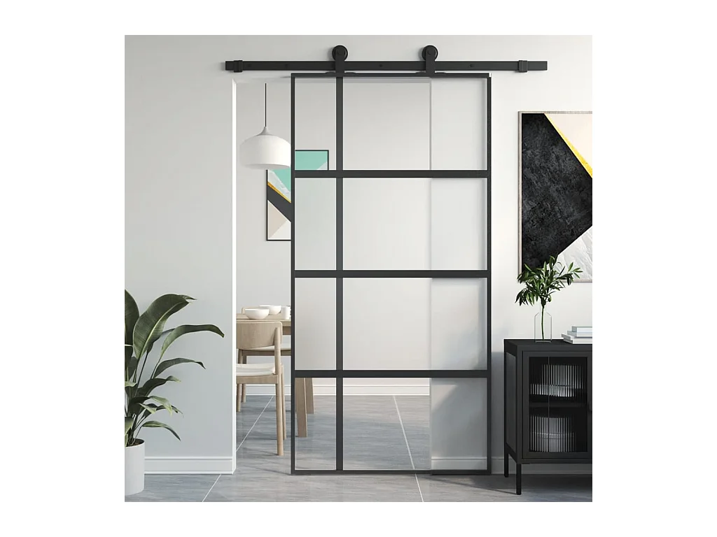Porte coulissante noir 102,5x205 cm verre trempé aluminium FR209705