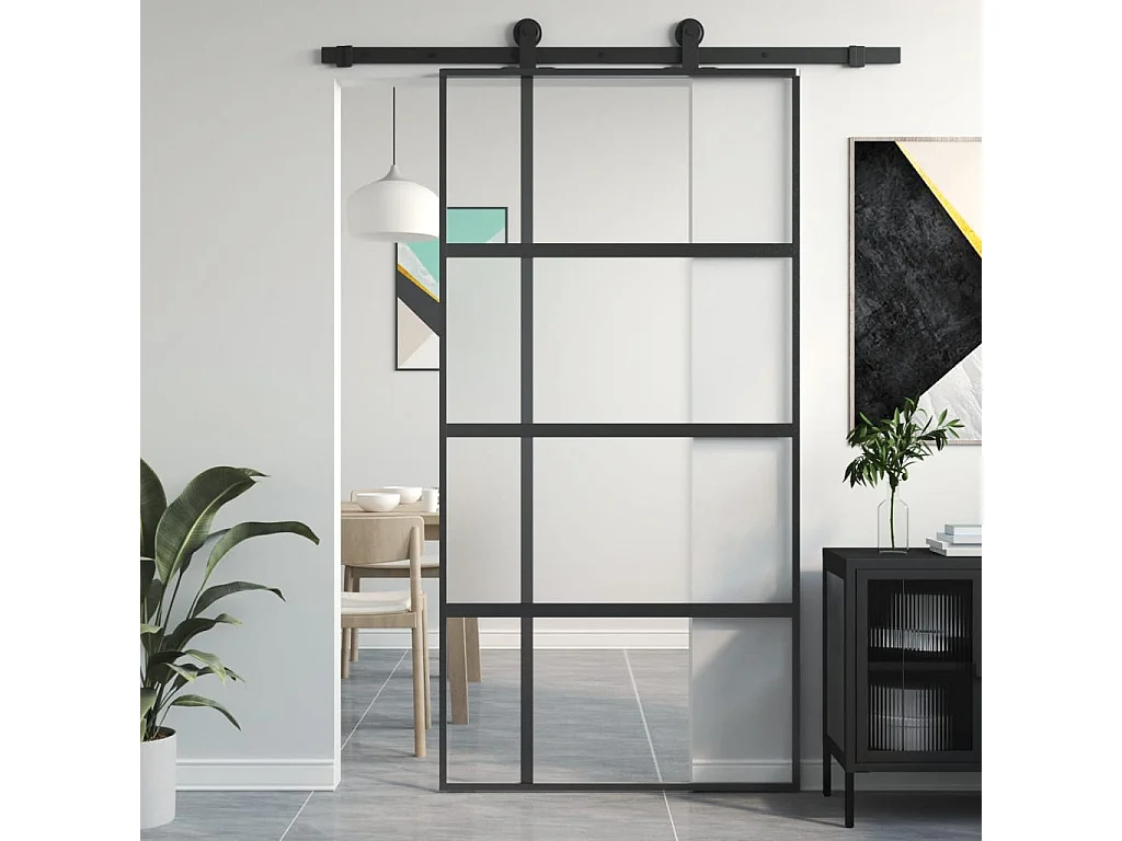 Porte coulissante noir 102,5x205 cm verre trempé aluminium FR209705
