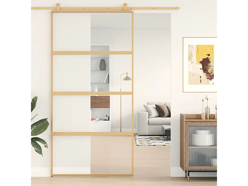 Schuifdeur 102,5x205 cm helder ESG-glas en aluminium goudkleur BE776955