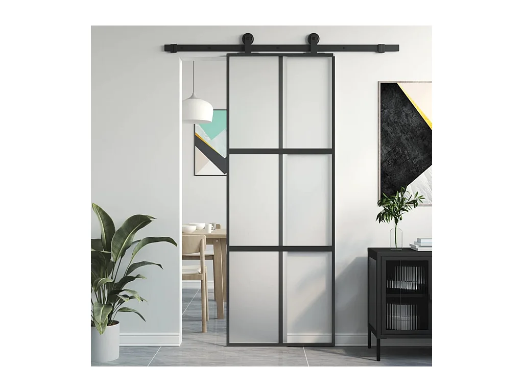 Porte coulissante noir 76x205 cm verre trempé aluminium FR546592