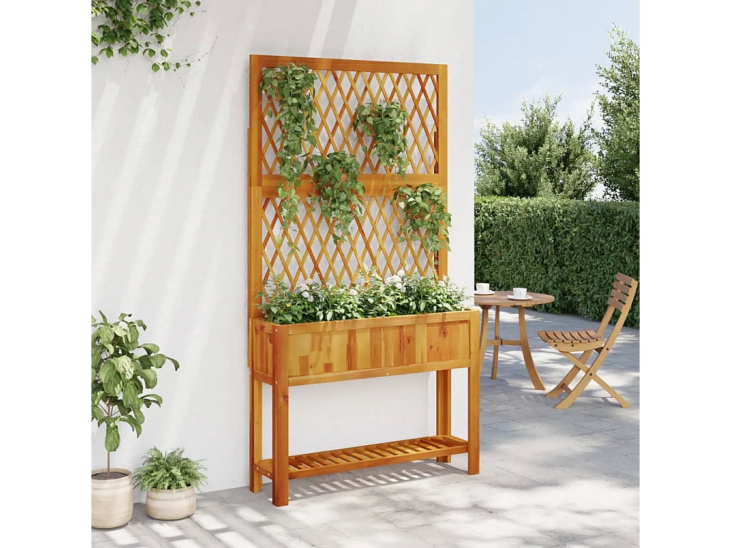 Jardinière avec treillis et étagère bois massif d'acacia FR23438