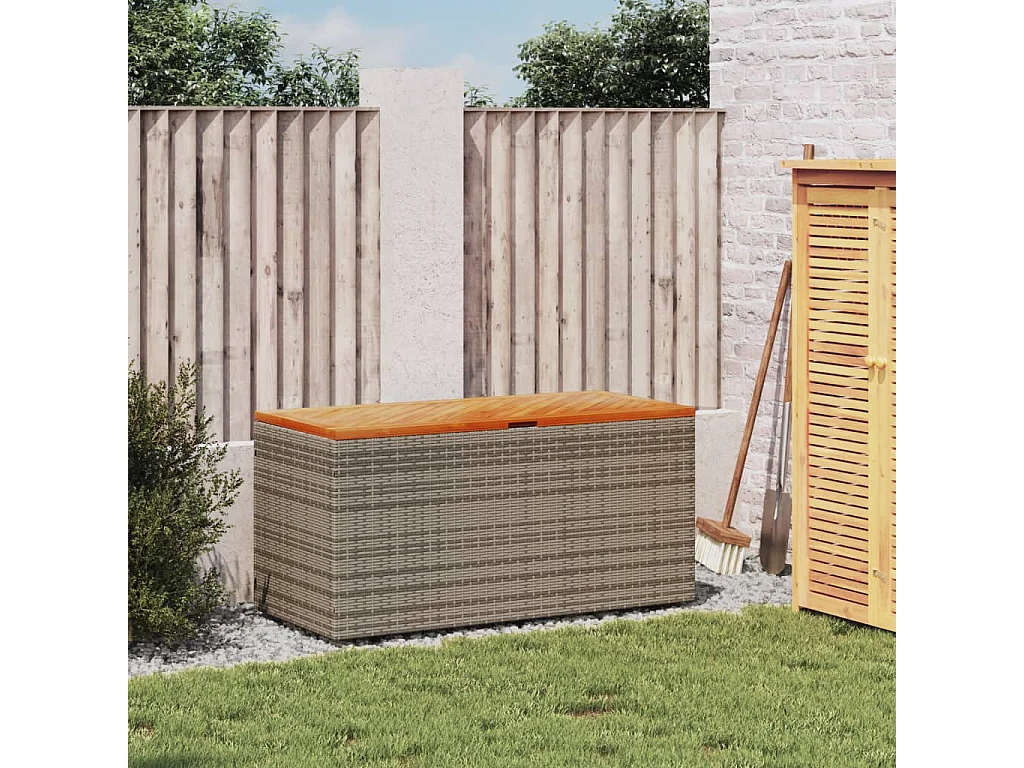 Coffre de rangement de jardin gris résine tressée bois d'acacia FR921570