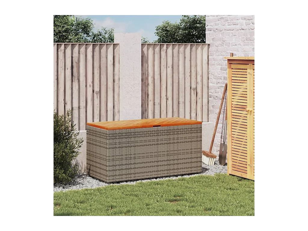 Coffre de rangement de jardin gris résine tressée bois d'acacia FR921570