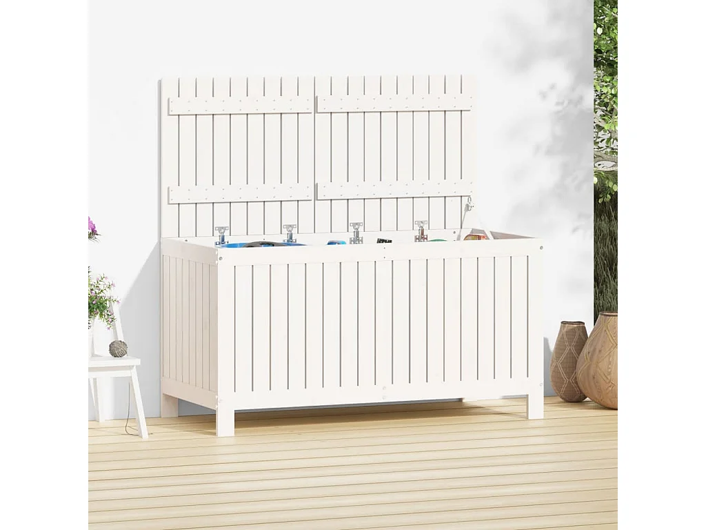 Caja de almacenaje jardín madera de pino blanco 121x55x64 cm ES103811
