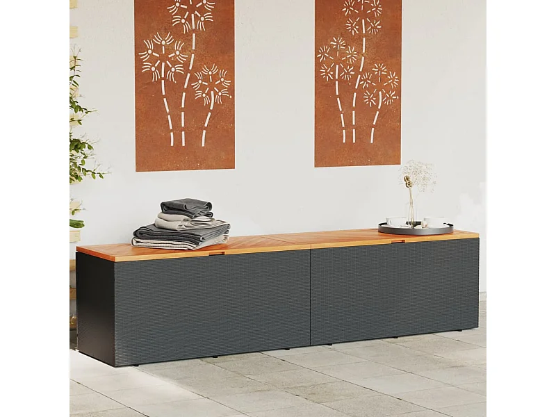 Caja de almacenaje jardín madera acacia ratán negro 220x50x54cm ES814845