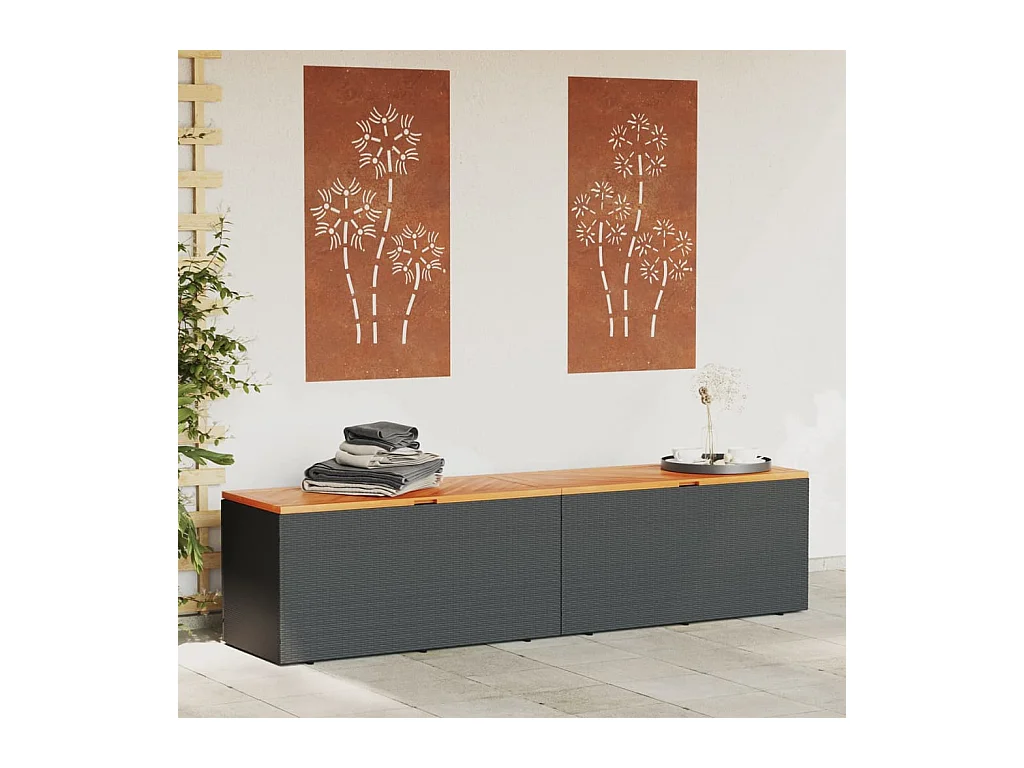 Coffre de rangement de jardin noir résine tressée bois d'acacia FR227265
