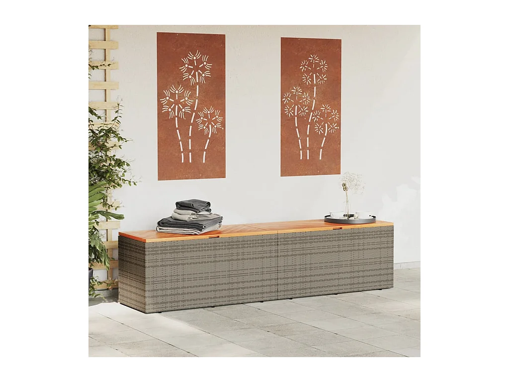 Coffre de rangement de jardin gris résine tressée bois d'acacia FR294709