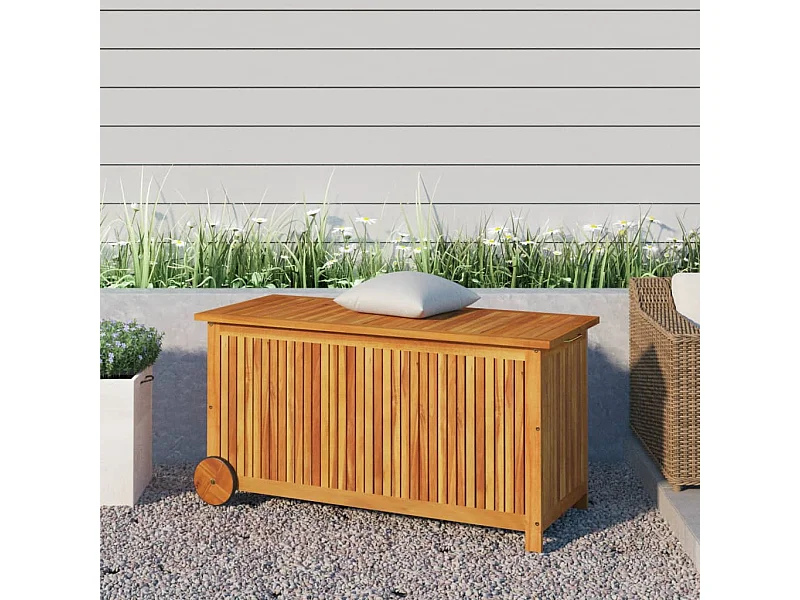 Coffre de rangement de jardin avec roues 113x50x58cm Bois acacia FR543669