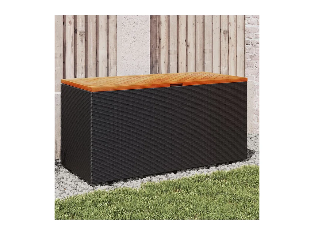 Coffre de rangement de jardin noir résine tressée bois d'acacia FR813887
