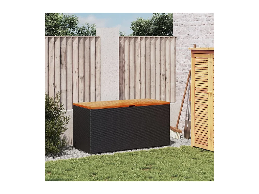 Coffre de rangement de jardin noir résine tressée bois d'acacia FR813887
